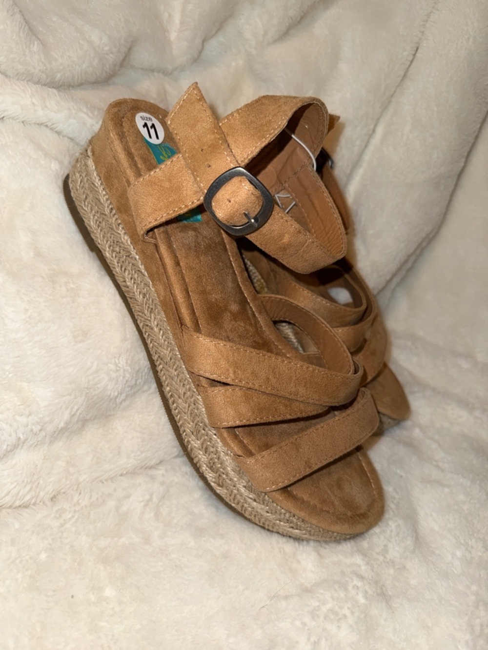 Sofia Taylor Tan Suede Espadrille Wedge Sandals with Buckle Strap